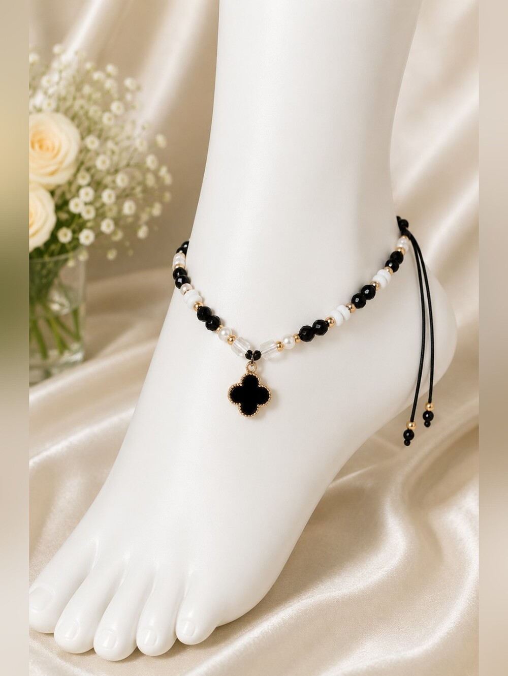 Black & White Clover Charm Beaded Adjustable Anklet | Boho Beach Jewelry